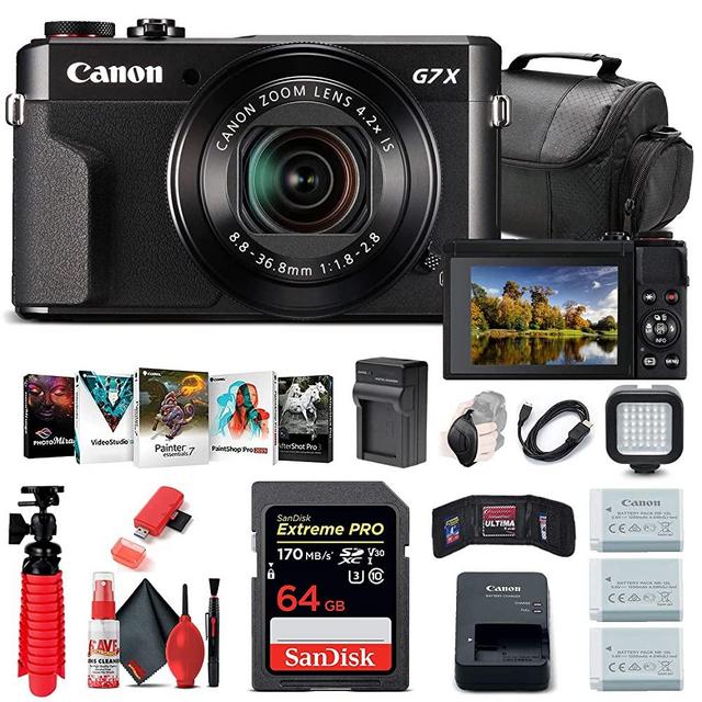 Canon PowerShot G7 X Mark II Digital Camera (1066C001), 64GB Card, 2 x Replacement NB13L Batteries, Corel Photo Software, Charger, Card Reader, LED Light, Soft Bag + More (Renewed)