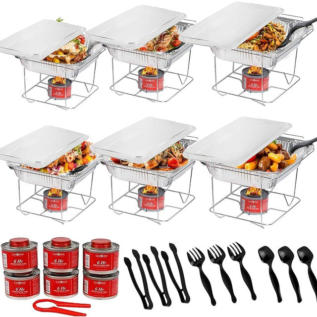 Alpha Living 6 Pack - Disposable Chafing Dish Buffet Set, Welded Body Food Warmers for Parties, 6hr Fuel Cans Complete Set, Half Size Pans, Warming Trays