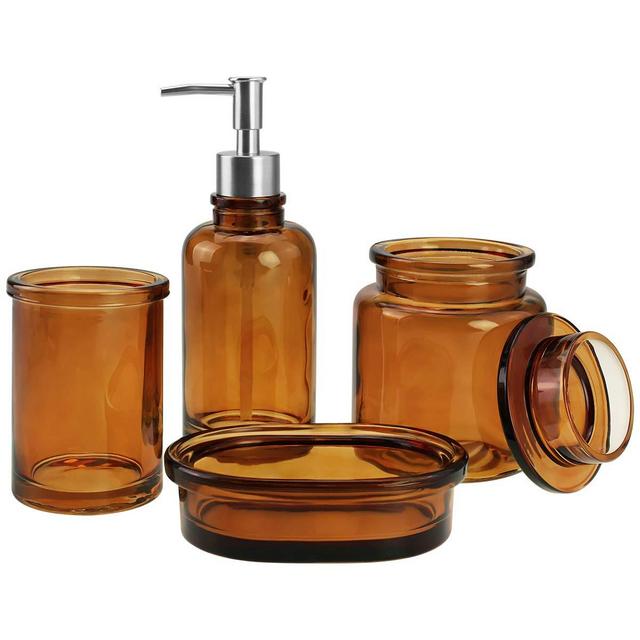 4-Piece Glass Bathroom Accessories Set, Complete Bath Accessory Sets Includes Soap Dispenser, Toothbrush Holder, Tumbler, Soap Dish, Housewares Clear Bathroom Ensemble Sets for Bath Decor (Amber)