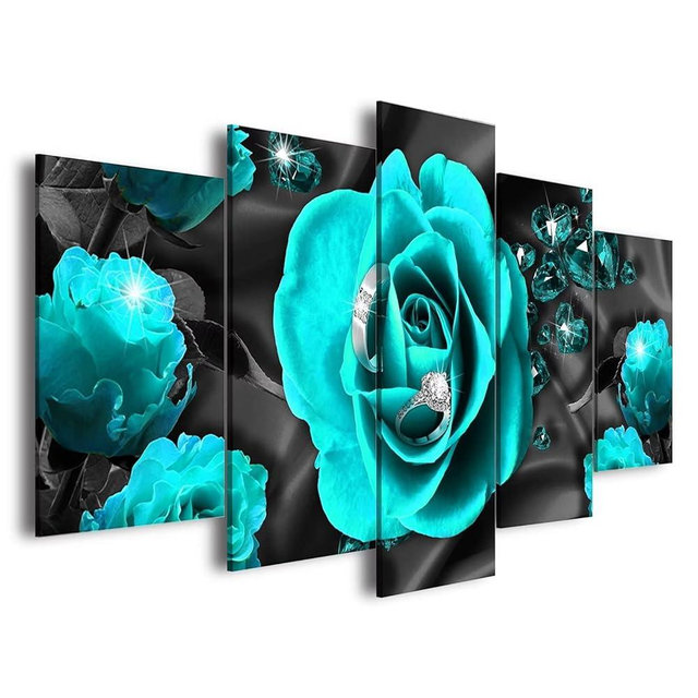 AWLXPHY Decor Teal Rose Wall Art Canvas Painting Framed 5 Panels for Living Room Decoration Modern Blue and Black Rose Stretched Artwork Flower Giclee Home Decor(Blue, 40"x20")