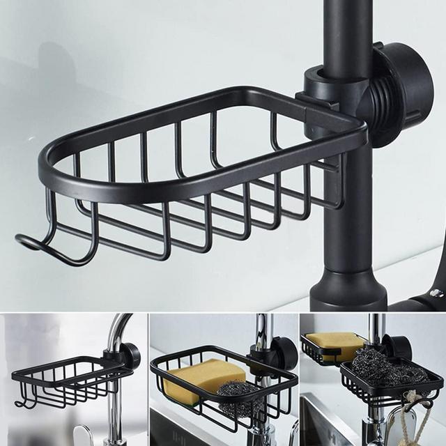 WINGSIGHT Kitchen Faucet Sponge Holder Sink Caddy Organizer Over Faucet Hanging Faucet Drain Rack for Sink Organizer (Black-Upgraded)