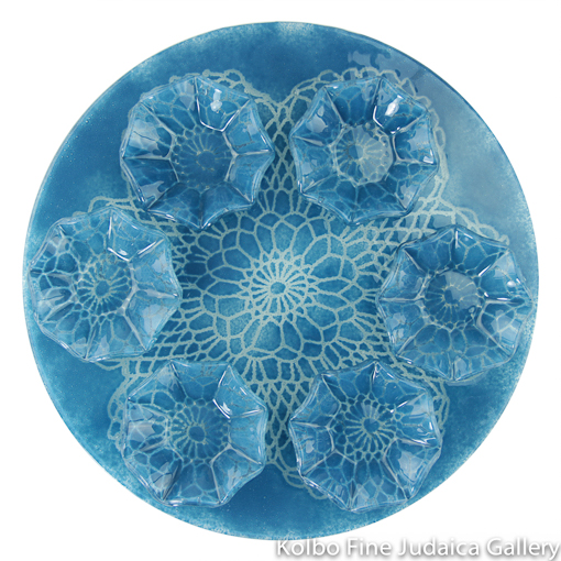 SEDER PLATE, GLASS WITH BOWLS, DARK AQUA, STAR OF DAVID PATTERN