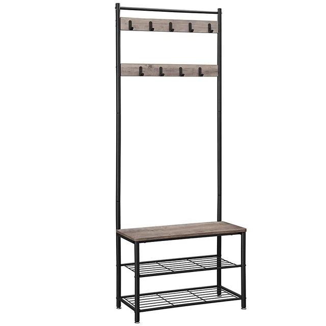 VASAGLE Hall Tree, Entryway Bench with Coat Rack, Storage Shelf Organizer, Entryway Furniture with Steel Frame, Industrial, Greige and Black UHSR41MB