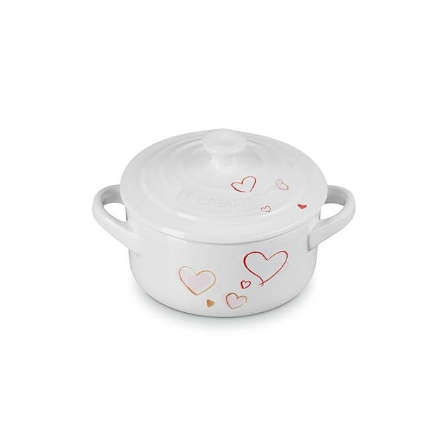 Le Creuset Mon Coeur Collection Stoneware Classic Round Mini Cocotte, 8 Oz., White with Hearts