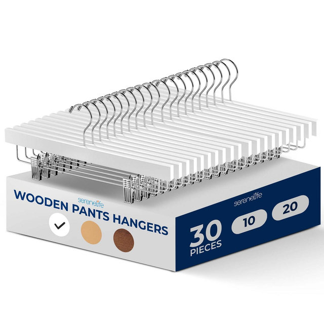 Wooden Pants Hangers for Organized Storage with Chrome 360 Swivel Hook, Adjustable Steel Clips, 30-Pack