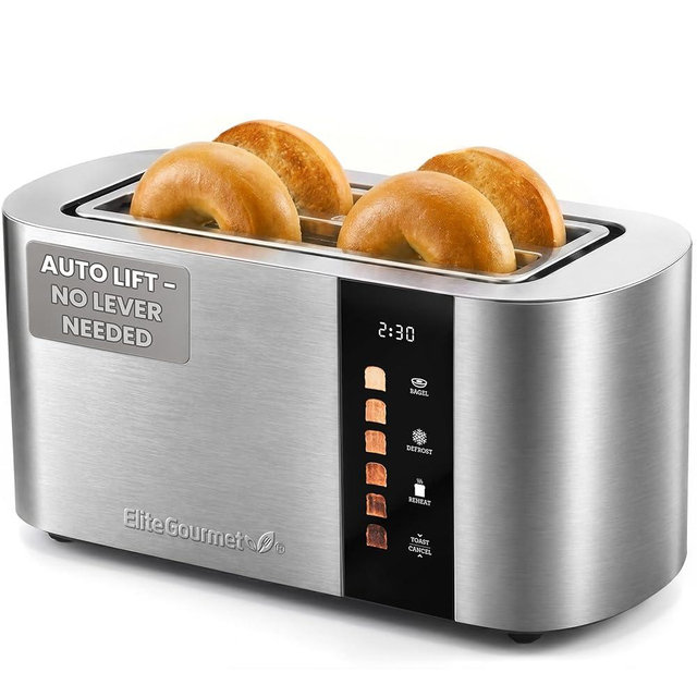 Elite Gourmet ECT5500 4-Slice Long Slot Toaster, Fully Automatic Motorized, Stainless Steel Digital Touchscreen, Extra-Wide Slots, 6 Browning Levels, Bagel, Defrost & Reheat