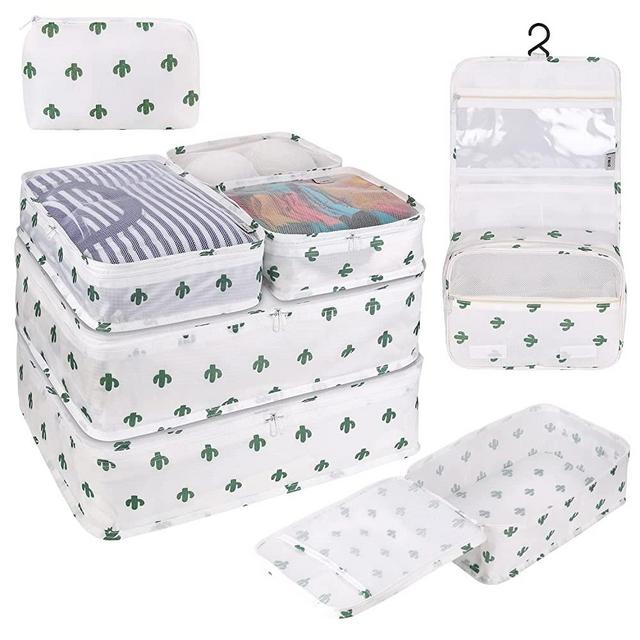 DIMJ Packing Cubes, 8 Pcs Travel Cubes for Suitcase Lightweight Travel Essential Bag with Large Toiletries Bag for Clothes Shoes Cosmetics Toiletries (White Cactus)
