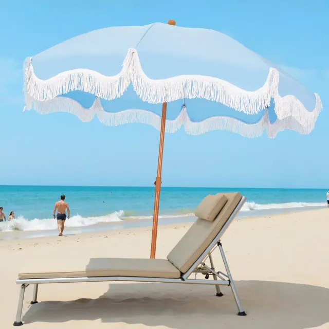 Captiva Designs 7ft Portable Patio Blue Umbrella with Fringe - Stylish Outdoor Shade with UPF 50+ Protection