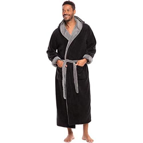 Alexander Del Rossa Men's Warm Fleece Robe with Hood, Big and Tall Contrast Bathrobe