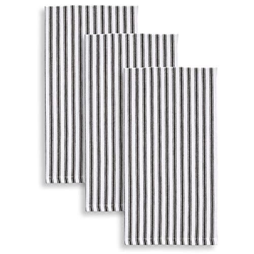 Cackleberry Home Black and White Ticking Stripe Kitchen Towels 18 x 28 Inches 100% Cotton Woven, Set of 3
