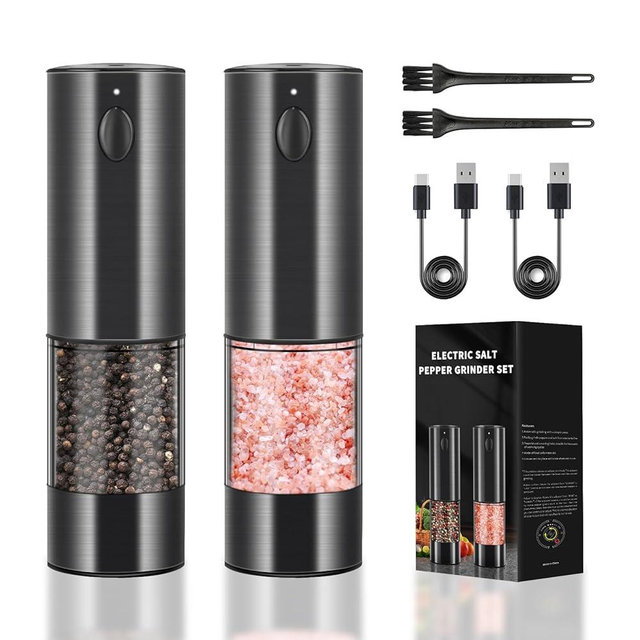 Electric Salt and Pepper Grinder Set, Rechargeable Pepper Grinder LED lights, Stainless Steel Automatic Salt and Pepper Mill Set, Refillable with 5 Adjustable Coarseness Black