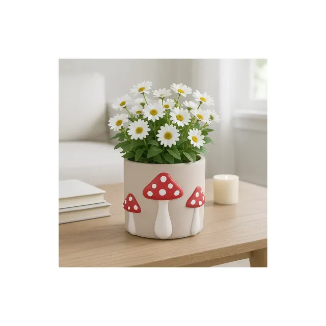 Mushroom Planter Pot with Drainage Hole - 6" Red Cement Pottery Plant Container for Indoor & Outdoor Garden, Rustic Boho Decorative Flower Pot