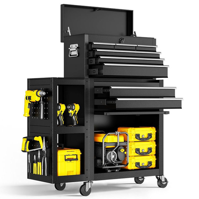 8-Drawers Rolling Tool Chest, Assembled Tool Cabinet, Detachable Top Toolbox, 30% Extra Storage Tool Cabinet Universal Lockable Wheels, Tool Rack, Metal Tool Storage Cart for Garage Workshop, Black
