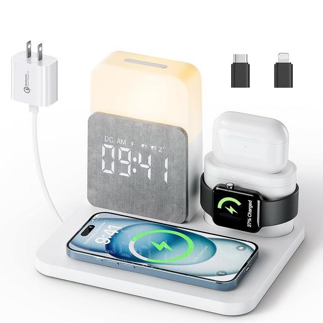 RichBird【2024 Newest】 Wireless Charging Station, Alarm Clock with Wireless Charger, Nightstand Lamp Charging Station for iPhone 15 14 13 12 11 Pro Max, Apple Watch, AirPods,0-100% Dimmer
