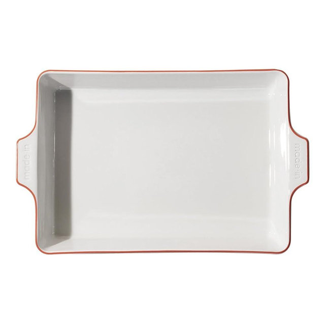 Made In Cookware - Rectangular Baking Dish - Red Rim - Hand Crafted Porcelain - Professional Bakeware - Made in France