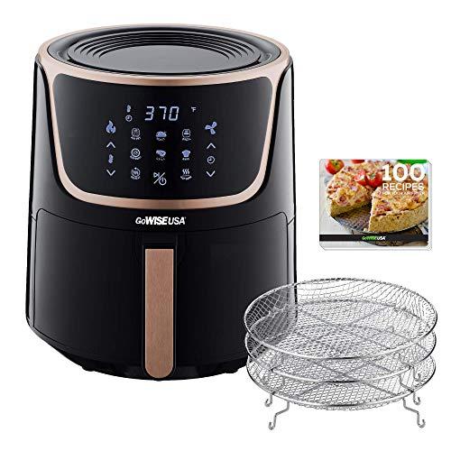 GoWISE USA GW22955 7-Quart Electric Air Fryer with Dehydrator & 3 Stackable Racks, Digital Touchscreen with 8 Functions + Recipes, 7.0-Qt, Black/Copper