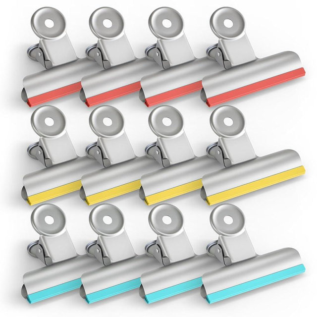 HOUSE AGAIN 12 Pack Stainless Steel Chip Bag Clips Covered with Silicone NO More Sharp Edges, Bulldog Clips for Food Bags Air Tight Seal, Heavy Duty Binder Paper Clips for Kitchen and Office, 3 Inches