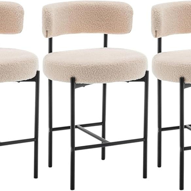 Cinxzar Boucle Bar Stools Set of 3, Beige Counter Height Bar Stools with Backs, Modern Barstools for Kitchen Island, Pub, Club
