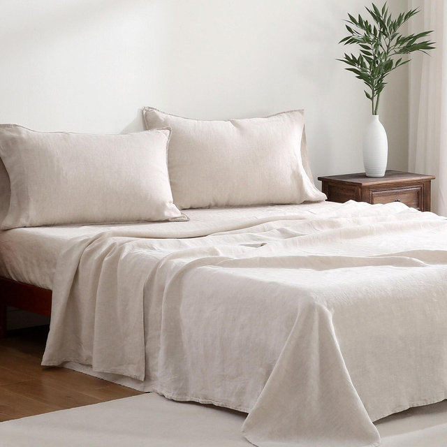 100% Linen Sheets set 4pcs (1 Fitted Sheet 1 Flat Sheet 2 Pillowcases) 3pcs (1 Fitted Sheet 2 Pillowcases) -Washed Soft French Linen Bedding