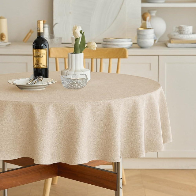 Decorelia Waterproof Round Tablecloth for Round Dining Table, Decorative Rustic Soft Wipeable Table Cloths Cover Indoor Outdoor Use for Holiday,Wedding, Kitchen (70 Inch,Round (4-6 Seats),Beige)