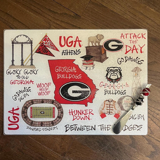 Licensed UGA Cutting board with matching wire-wrapped spreader with coordinating stones, tailgating. Go Dawgs!