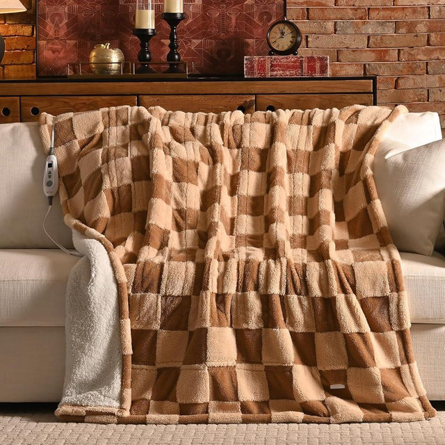 Bearhug Heated Throw Blanket 50" × 60", Electric Blanket Reversible Brown Plaid Sherpa, 4h Auto-Off Timer & 6 Heating Levels, Reversible Heated Throw, ETL Certified, Machine Washable, Gift Box