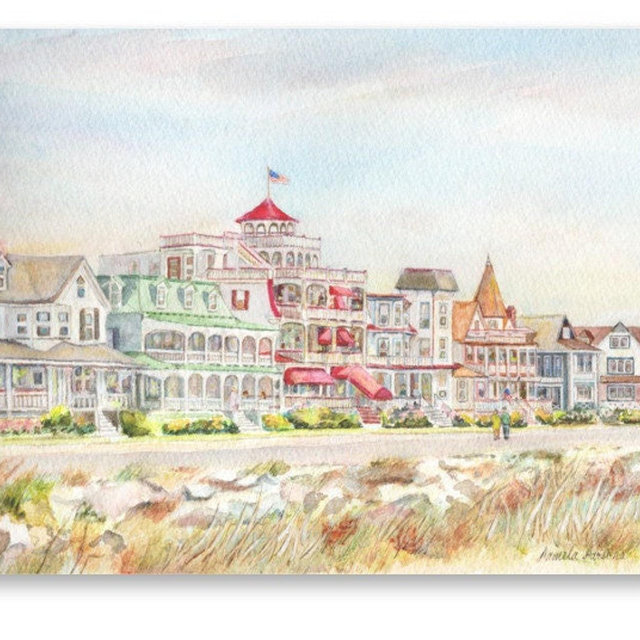 Cape May Promenade. Fine Art Print. from watercolor painting, by Pamela Parsons. Cape May, NJ, Jersey Shore print, Cape May art, beach town.