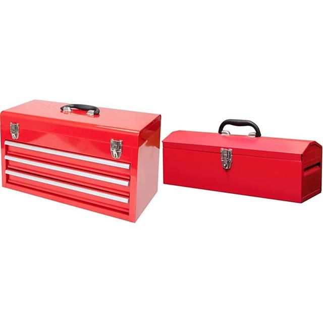 BIG RED ANTBD133-XB Torin 20" Portable 3 Drawer Steel Tool Box, Red & TB101 Torin 19" Hip Roof Style Portable Steel Tool Box with Metal Latch Closure and Removable Storage Tray, Red