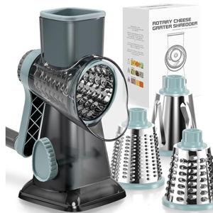 KEOUKE Rotary Cheese Grater Hand Crank Transparent - Shredder Slicer Grinder 3 Stainless Steel Blades, Stable Suction, Labor-Saving Handle, Safe Kitchen Tool for Cheese, Vegetable, Nuts, Chocolate