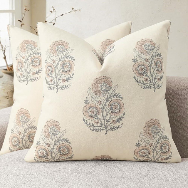 YCOLL Vintage Floral Print Pillow Covers 18x18 Set of 2 Patterned Accent Decorative Cushion Covers Modern Farmhouse Throw Pillow Covers for Sofa Couch Chair Bed Living Room Home Decor, Blush Pink