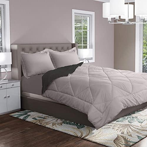 Reversible Hypoallergenic Microfiber Queen Comforter Set- Queen Size Quilt -4 Pc Bedding Set -Goose Down Alternative Comforter - 1 BONUS Fitted Sheet, 2 Pillow Shams – Soft and Silky (Silver/Charcoal)