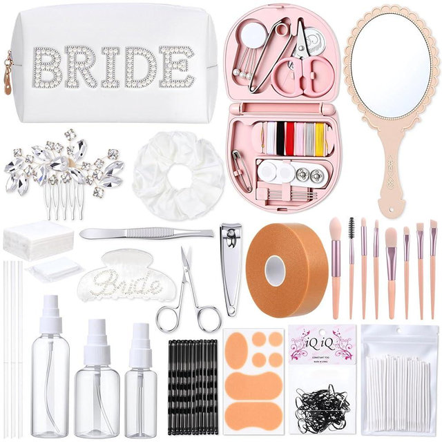 Sunnymove Bride Emergency Kit for Wedding 49 Bridal Emergency Kit for Wedding, Essentials Must Haves Survival Set for Bride, Travel Items with Makeup Bag for Women Daily(White)