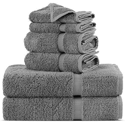 Towel Bazaar Luxury Hotel and Spa Quality Dobby Border 100% Turkish Cotton Eco-Friendly and Highly Absorbent Towel Set (Set of 6, Gray)