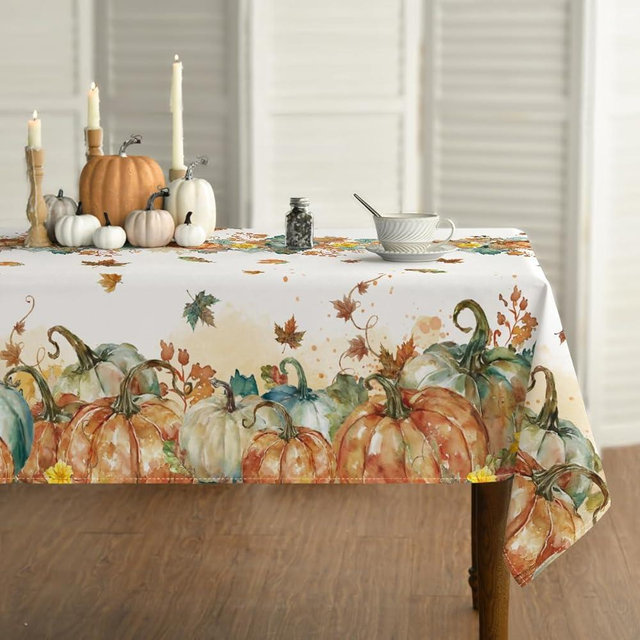 Horaldaily Fall Tablecloth 60×84 Inch Rectangular, Thanksgiving Autumn Harvest Orange Pumpkin Leaves Washable Table Cover for Party Picnic Dinner Decor