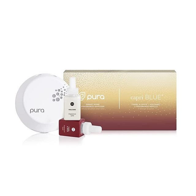 Capri Blue Pura Diffuser Kit (1 Diffuser + 1 Each Volcano, Tinsel & Spice Refill Vials)