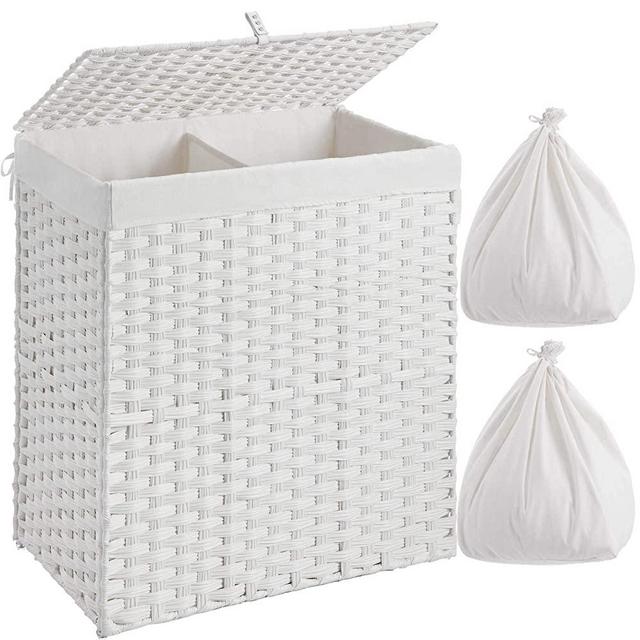 Greenstell Laundry Hamper with 2 Removable Liner Bags, Divided Clothes Hamper, 110L Handwoven Synthetic Rattan Laundry Basket with Lid and Handles, Foldable and Easy to Install White (22x12x24 Inches)