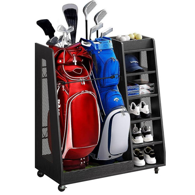 DWVO Golf Bag Organizer for Garage - Wooden Golf Bag Stand Holder with Wheels, Fit for Golf Bags, Golf Clubs, Golf Balls and Golf Equipment Accessories, Golf Organizer for Garage Club and Shed