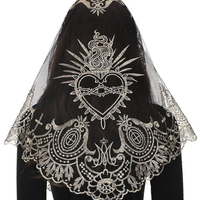 Bozidol Cross Religious Lace Veil- Catholic Embroidered Cross and Shell Creative Design Religious Ladies Prayer Lace Veil