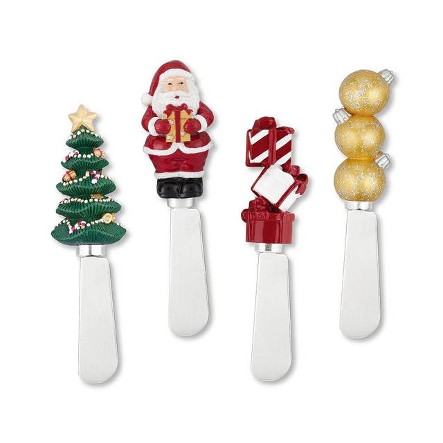 Supreme Housewares Cheese and Butter Spreader Knives Christmas Decor 4-Piece Hand Painted Resin Handle with Stainless Steel Blade Multipurpose Cheese Spreader set (Light the Tree)