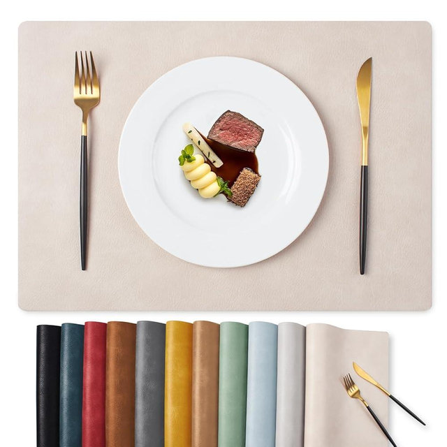 MOSAYT Vinyl Placemats Set of 6-12 X 17 Inch - Faux Leather 100% Waterproof Oil-Proof Wipeable PU Place Mats, Heat Resistant Reversible Table Mats for Kitchen, Dining, Outdoor (Beige)