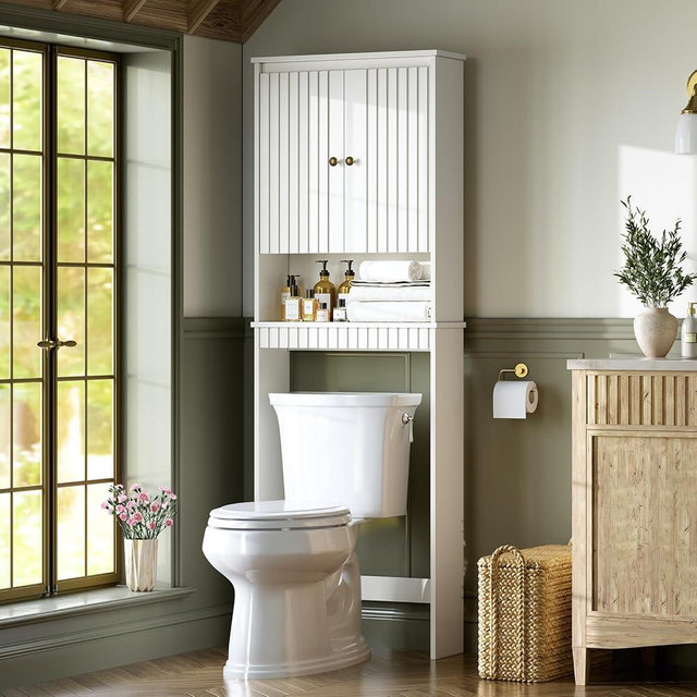 MXARLTR Over The Toilet Storage Cabinet, Over The Toilet Storage with Fluted Panel Doors and Soft Hinges, Over Toilet Bathroom Organizer Above Toilet Storage Bathroom Shelves Over The Toilet (White)