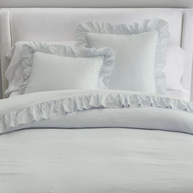 Belgian Flax Linen Fringe Ruffle Duvet Cover, Full/Queen, Blue Frost