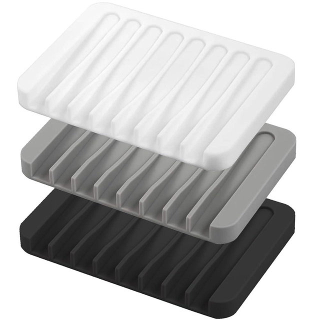 Self Draining Soap Dishes, 3 Pcs Silicone Waterfall Drainer Soap Holder for Bathroom, Extend Soap Life Keep Dry Clean & Easy Cleaning (Black, White, Gray)