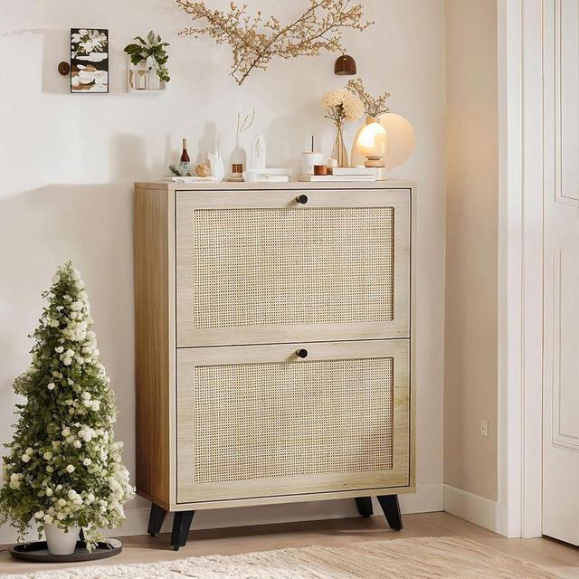Angel Sar Rattan Shoe Cabinet for Entryway, Slim Shoe Storage Cabinet with 2 Flip Drawers, Hidden Shoe Organizer, Shoe Rack Cabinet with Metal Legs, Natural Wood
