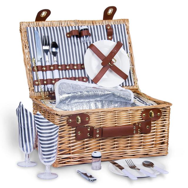 SatisInside Picnic Basket for 2 Wicker Picnic Set with Insulated Liner for Camping,Wedding,Valentine Day,Gift - Reinforced Handle, Grey Stripes