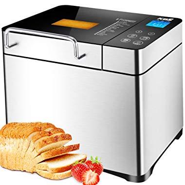 KBS Stainless Steel Bread Machine,1500W 2LB 17-in-1 Programmable XL Bread Maker with Fruit Nut Dispenser, Nonstick Ceramic Pan& Digital Touch Panel, 3 Loaf Sizes 3 Crust Colors, Reserve& Keep Warm Set