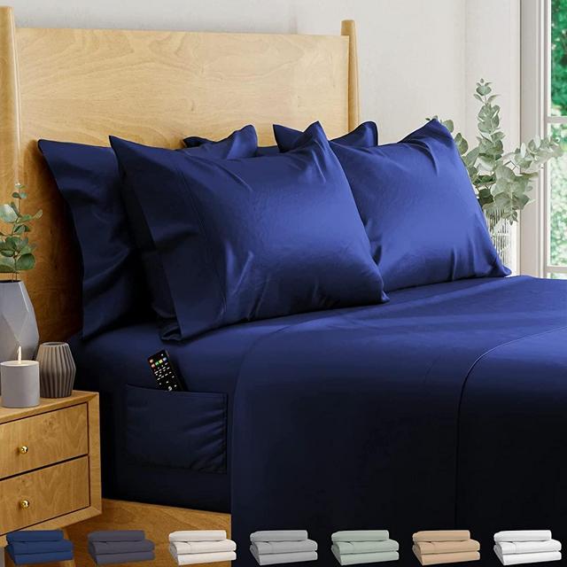 100% Eucalyptus Sheets, Tencel Sheets Queen, Queen Sheets, Lyocell Sheets | Cool Sheets for Hot Sleepers, Deep Pocket Queen Sheet Set | 100% Eucalyptus Sheet Set with 2 Side Pockets - 6 pcs, Navy Blue