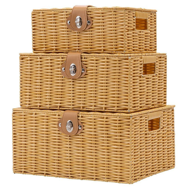 Homepeaz Wicker Storage Baskets with Lids, Set of 3 Decorative Storage Boxes For Organizing, Woven Baskets with Leather Lock and Handles (Beige)