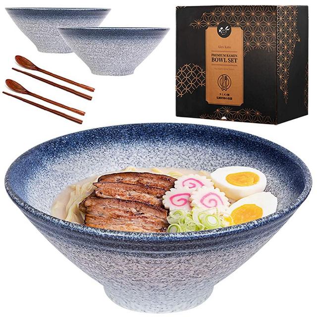 Ceramic Japanese Ramen Bowls Set of 2 - 60 ounce Large Noodle Soup Bowl, with Chopsticks and Spoon for Asian Pho Udon Soba (Blue)