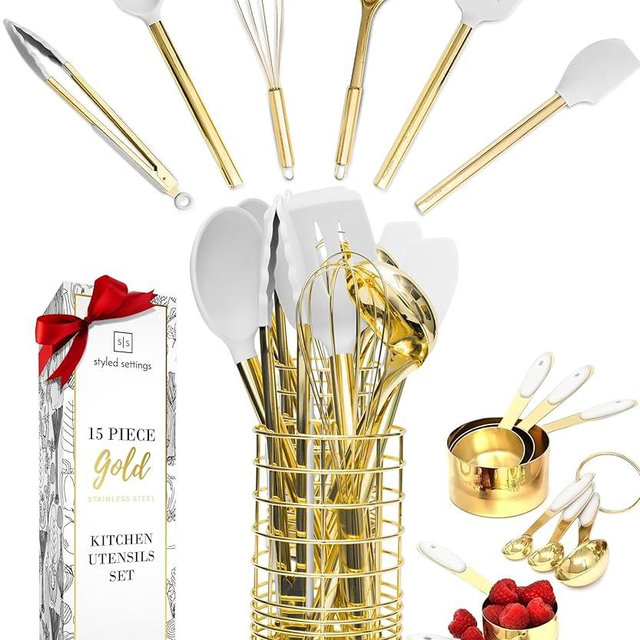 Styled Settings White and Gold Kitchen Utensils Set - 15-Piece BPA free, Non-Scratch, White and Gold Utensils Set Includes White Silicone Cooking Utensils and White and Gold Measuring Cups and Spoons